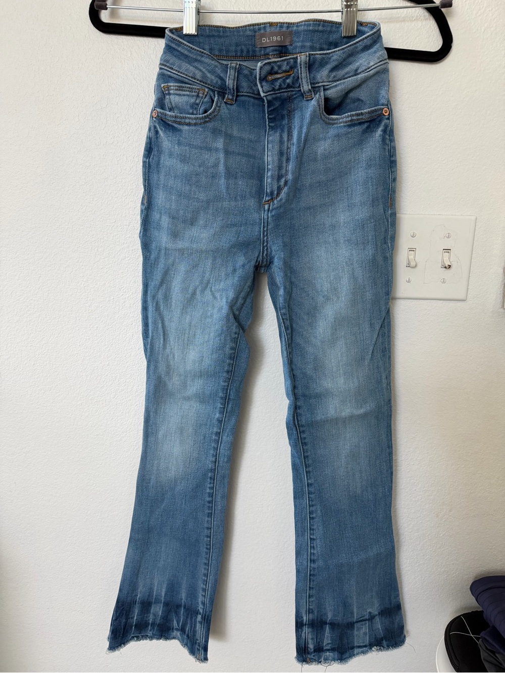 DL1961 Medium Blue High-Rise Straight Jeans with Distressed Hem
